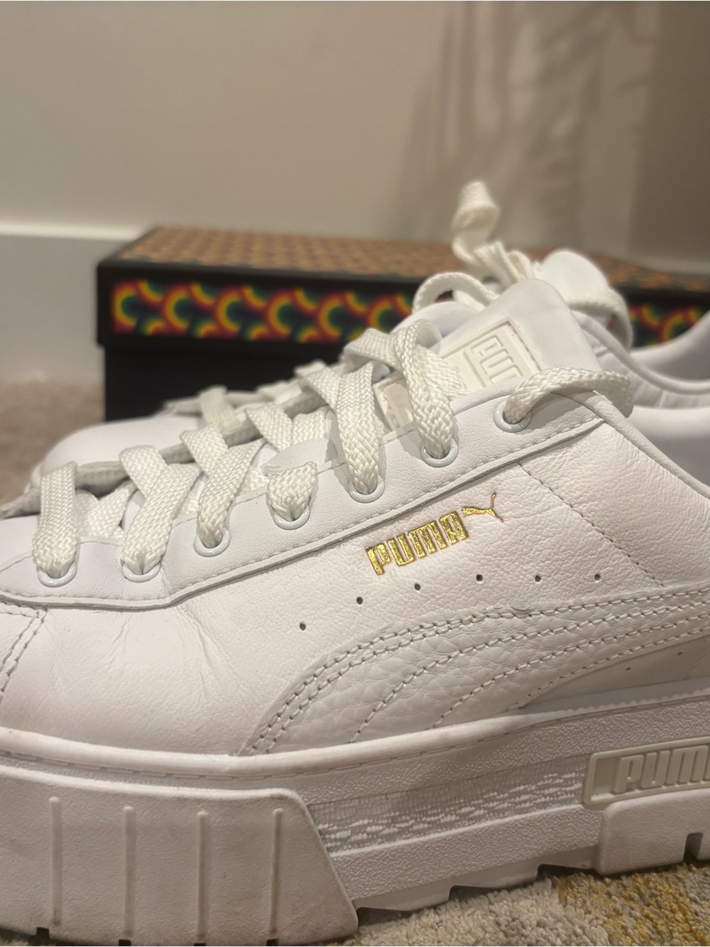Puma White Leather Platform Sneakers with Gold Branding